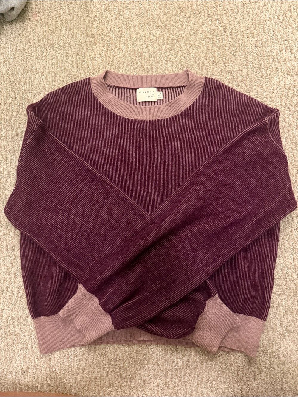 Corded Crewneck Sweater in Plum with Light Mauve Trim